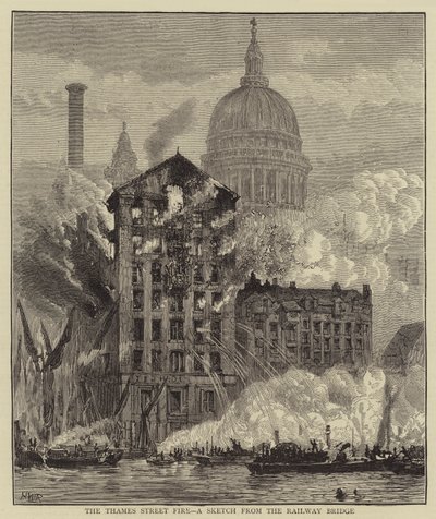 The Thames Street Fire, a Sketch from the Railway Bridge by Henry William Brewer